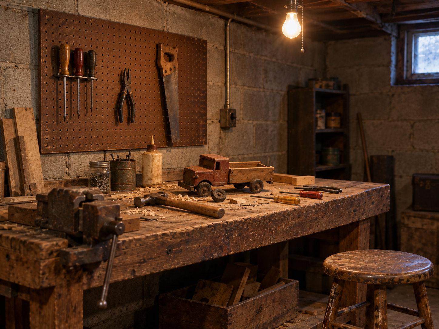 A wooden workbench in a basement holds a small wooden toy truck, a hammer, screwdrivers, and nails, with a pegboard of tools hanging on the cinder block wall behind it.