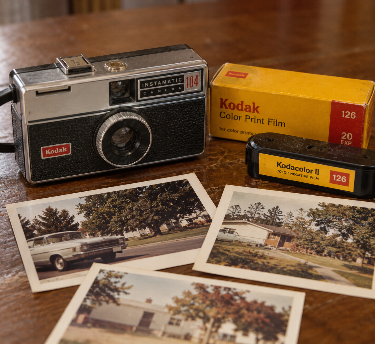 A Kodak Instamatic 104 camera, a box of 126 color print film, a film cartridge, and three vintage photographs arranged on a wooden table.