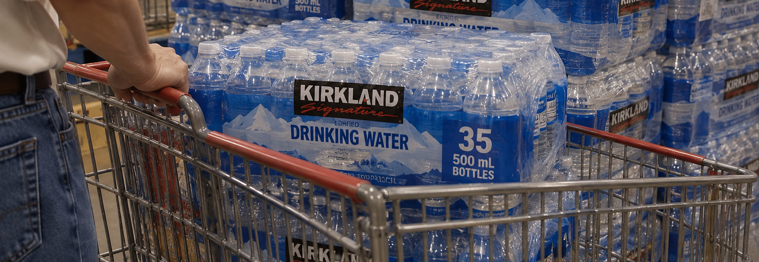 A person pushes a shopping cart filled with a large pack of Kirkland Signature bottled water.