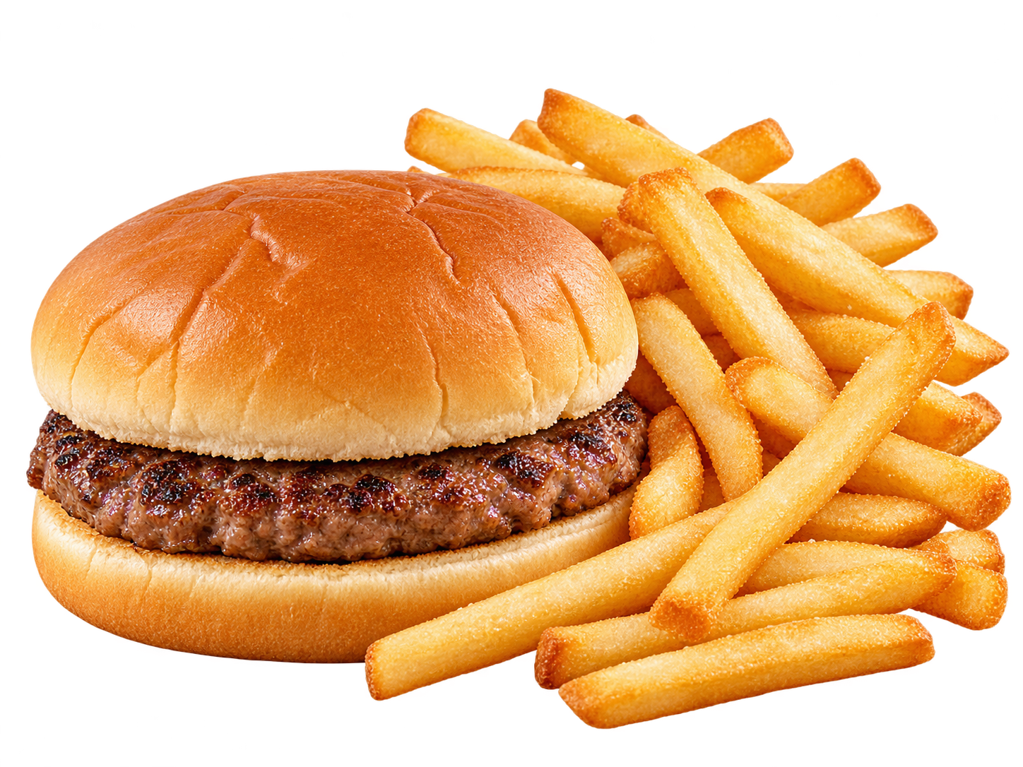 A hamburger on a bun next to a pile of french fries.