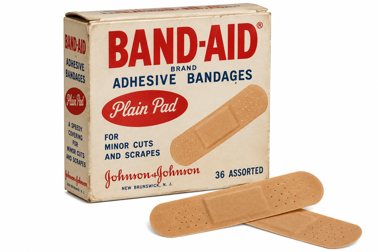 A vintage box of Band-Aid brand adhesive bandages with two bandages resting in front.