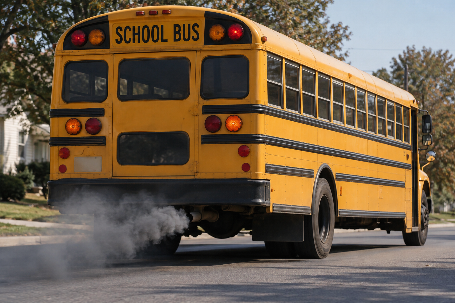 A yellow school bus driving on a street, emitting a plume of exhaust smoke from its tailpipe.