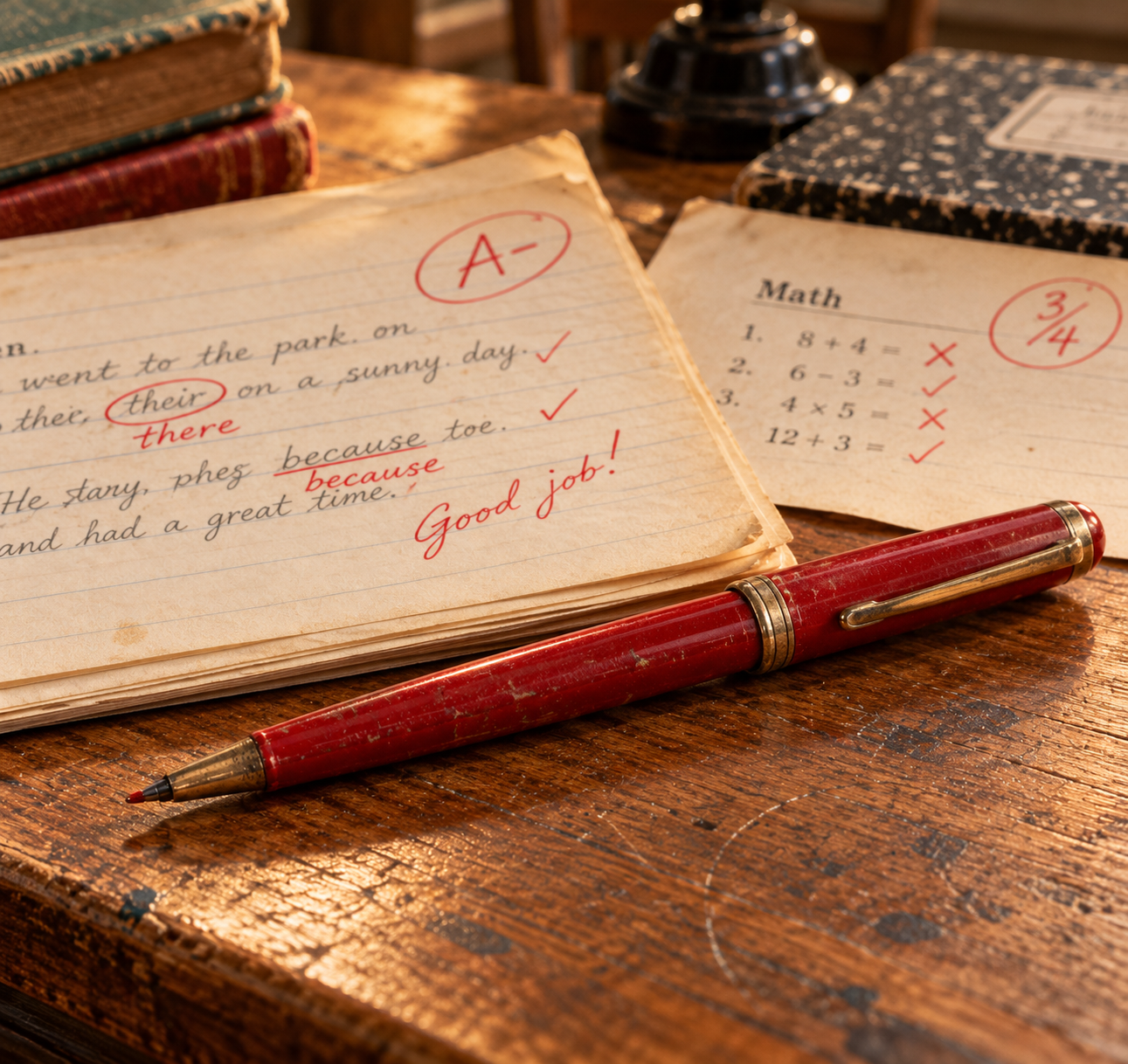 A red fountain pen resting on a wooden desk next to graded school papers marked with corrections and an “A-” grade.