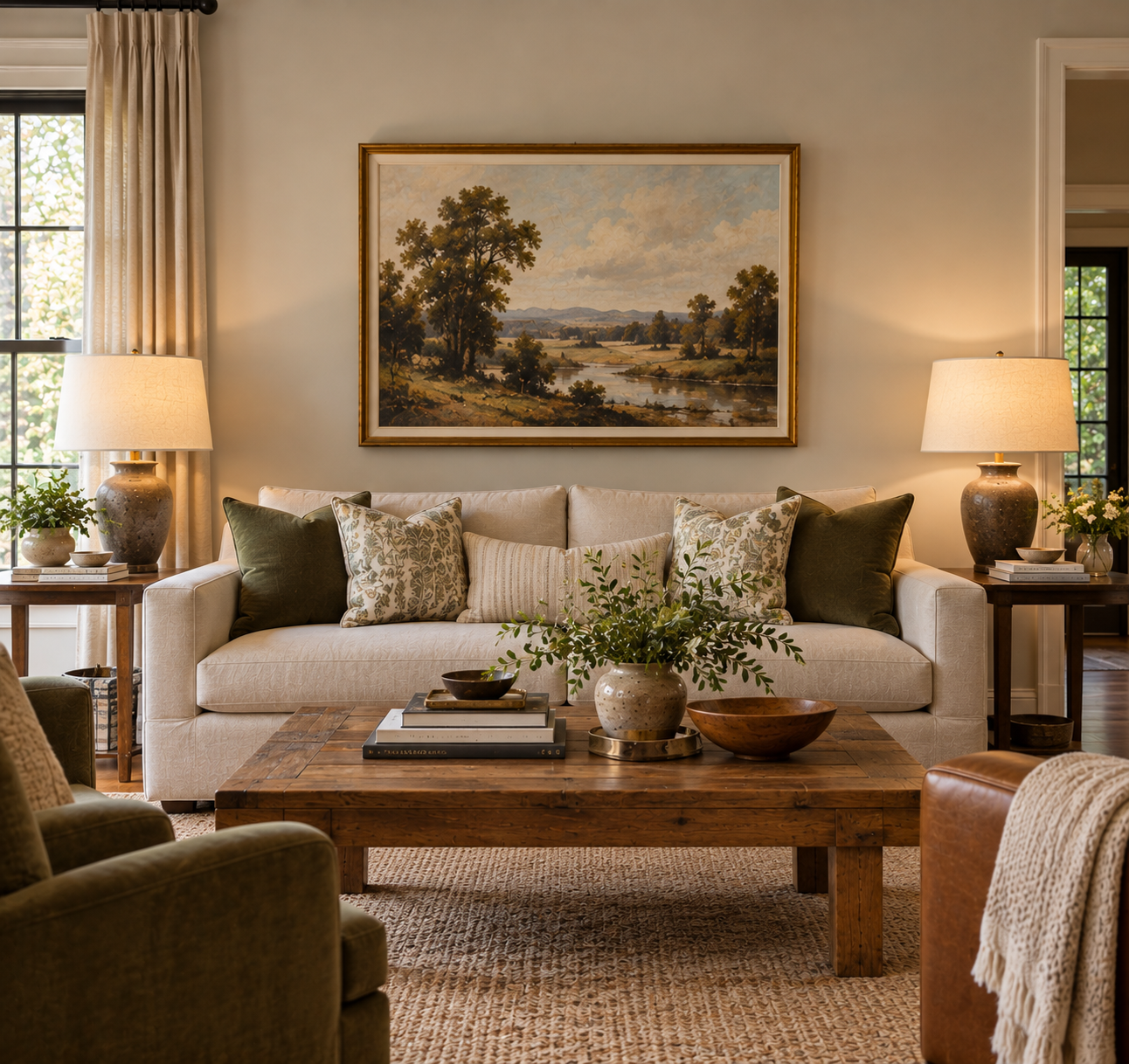 A living room with a beige sofa featuring green and patterned pillows, centered below a landscape painting and flanked by two matching table lamps on side tables, with a wooden coffee table in the foreground.
