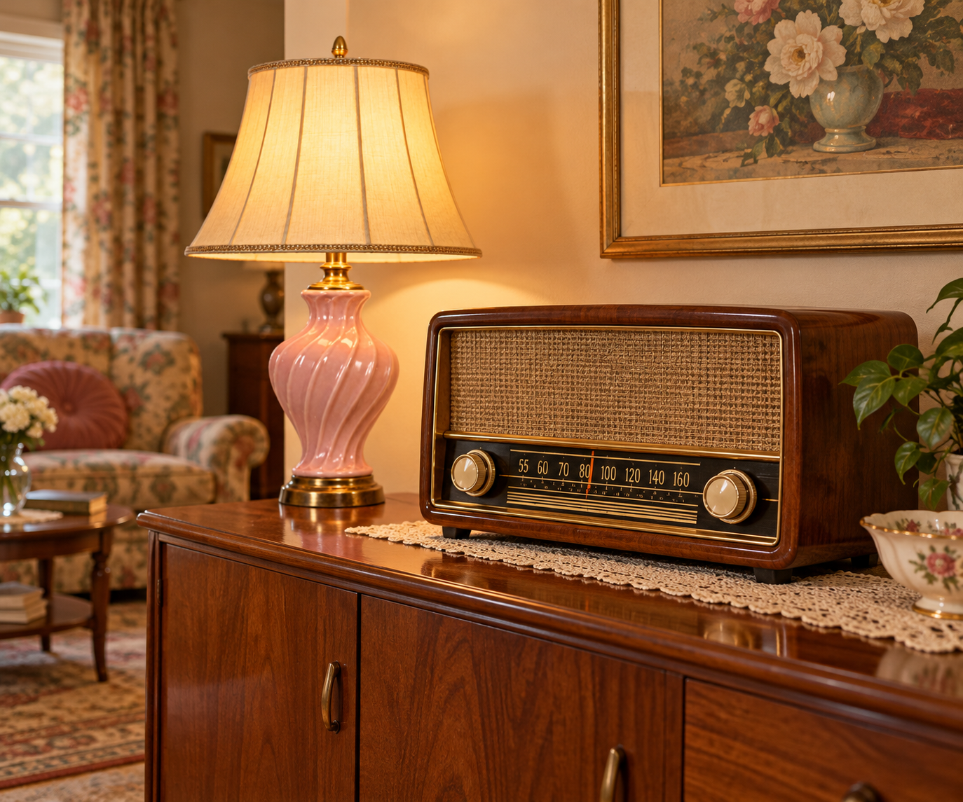 A vintage wooden tabletop radio sits on a sideboard next to a lit lamp with a pink base and a floral print.