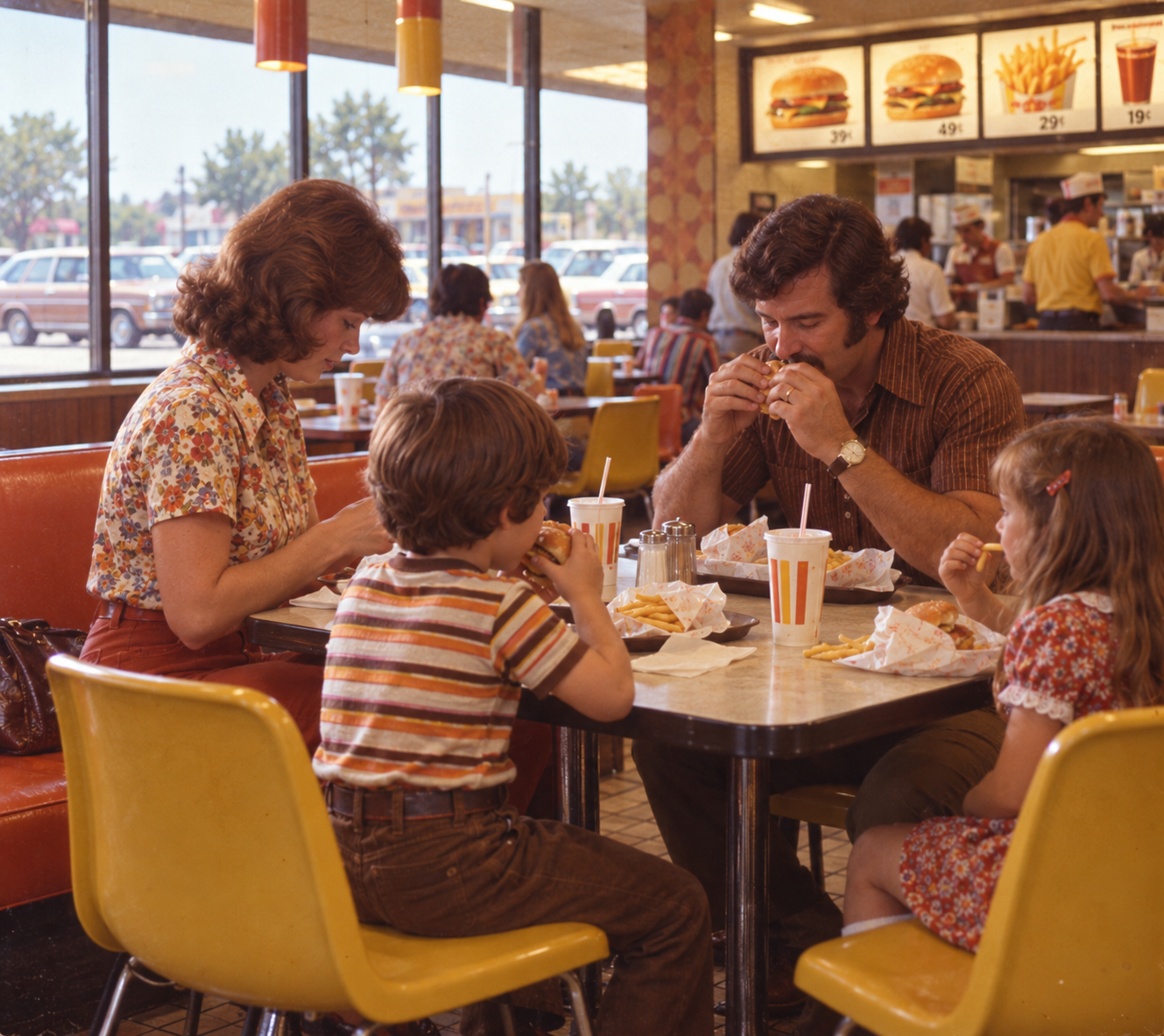 A family eating at a booth in a fast-food restaurant with a menu board displaying burger prices above the counter.