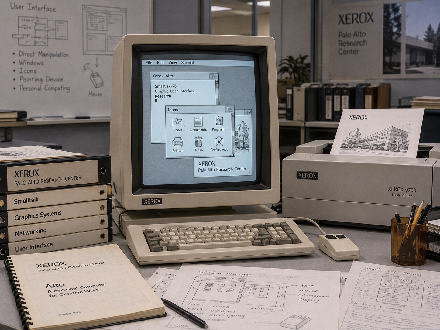A Xerox Alto computer displays a graphical user interface with icons on a desk cluttered with binders, a laser printer, and hand-drawn technical diagrams.
