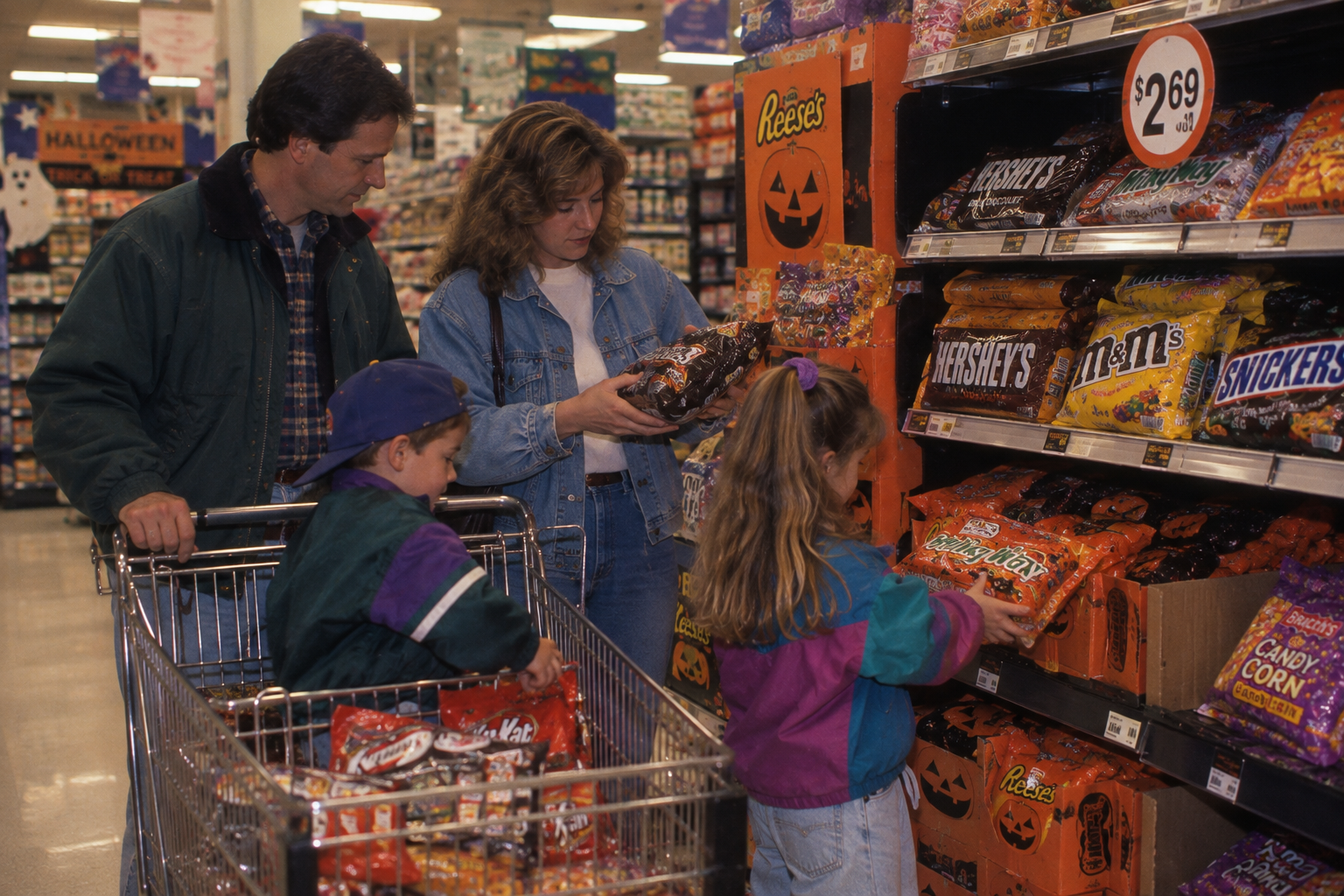 A family shops for Halloween candy in a grocery store aisle.