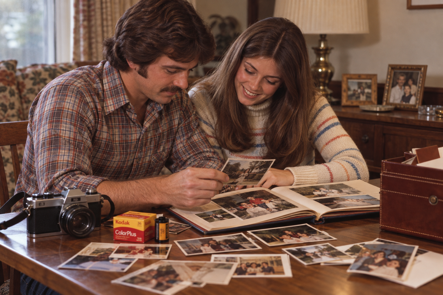 A man and woman sit at a table looking at a photo album, surrounded by loose photographs, a film camera, and a box of Kodak ColorPlus film.