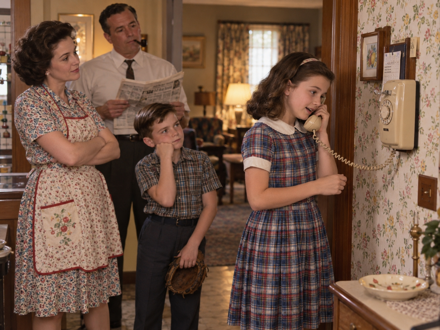 A girl in a plaid dress talks on a rotary phone while her family, dressed in 1950s-style clothes, watches her in a cozy, vintage kitchen.