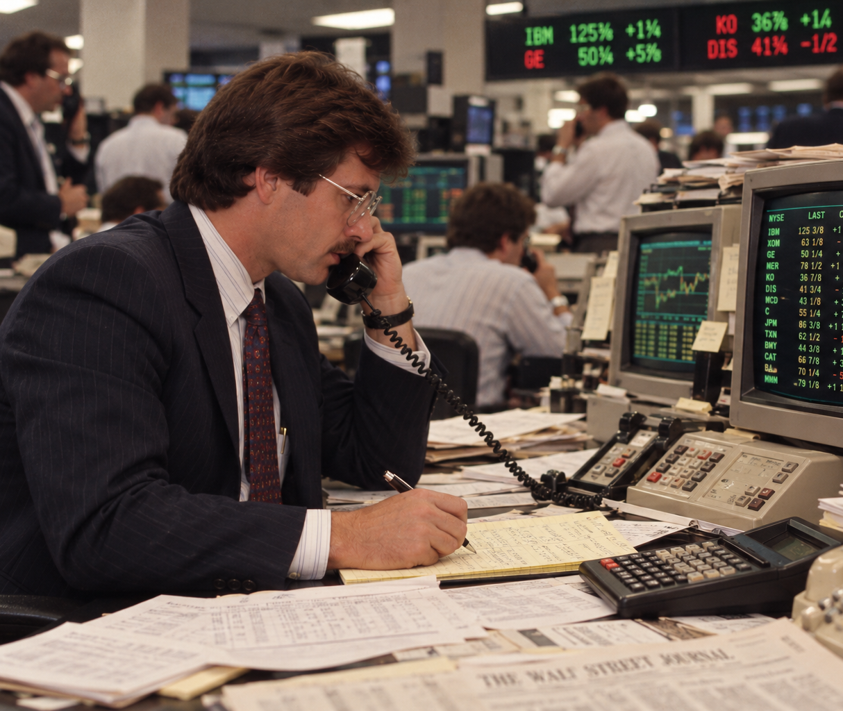 A stock trader in a suit sits at a desk, talking on a telephone and writing on a notepad while surrounded by computer monitors displaying financial data.