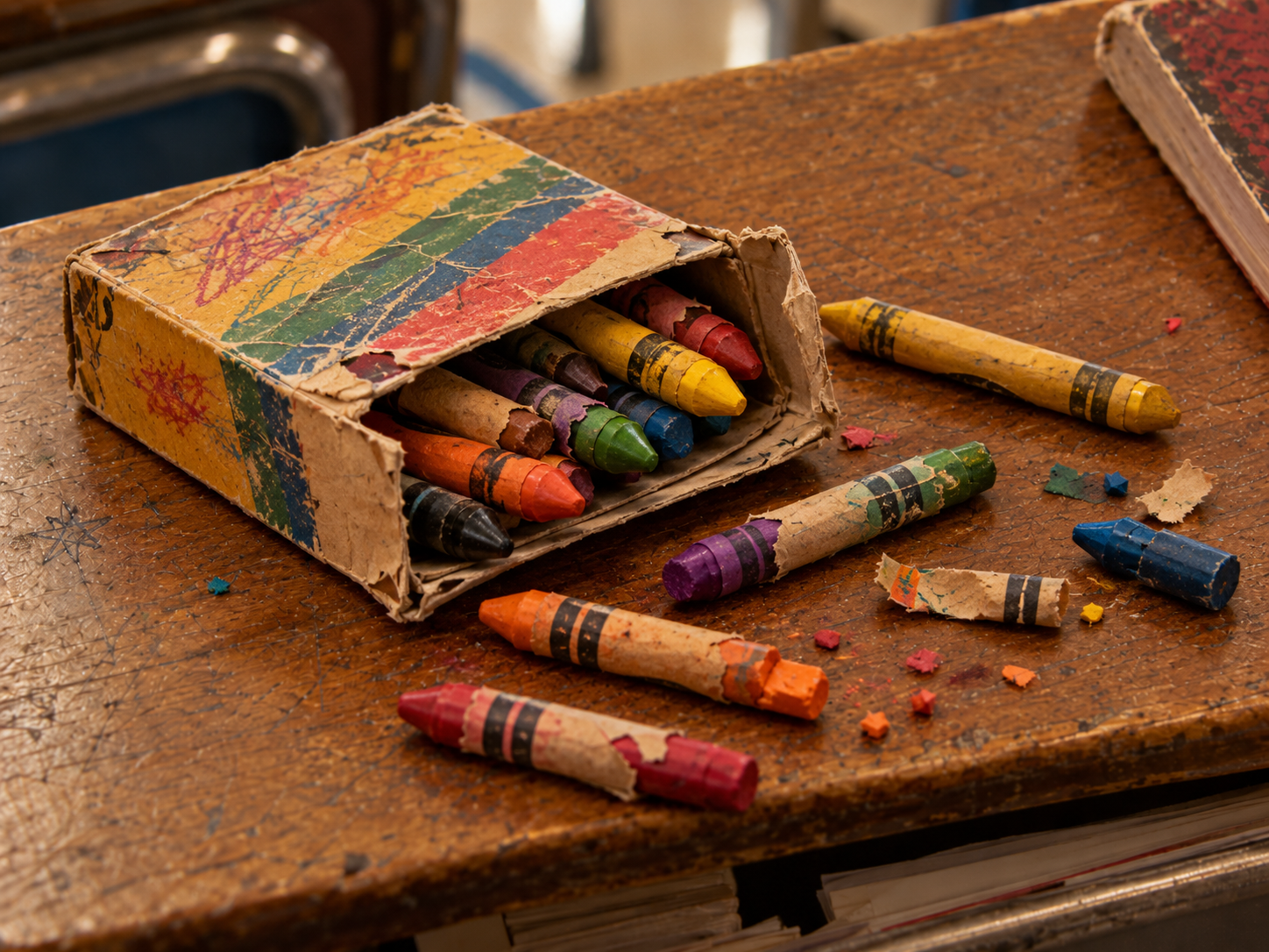 A worn, damaged box of multi-colored crayons resting on a scratched wooden desk, with several loose, broken, and paperless crayons scattered nearby.