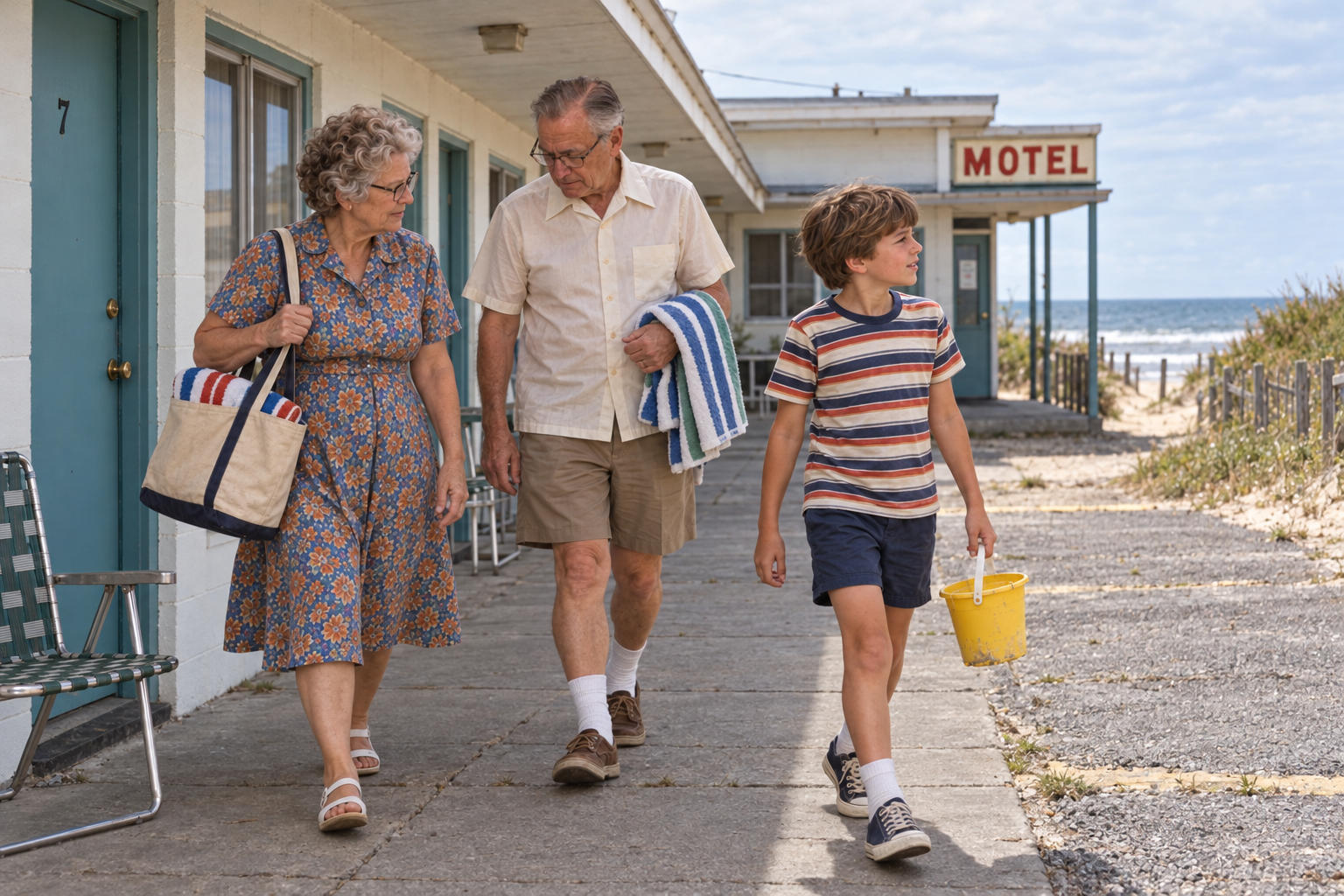An older couple and a young boy walk along a motel walkway toward a beach.