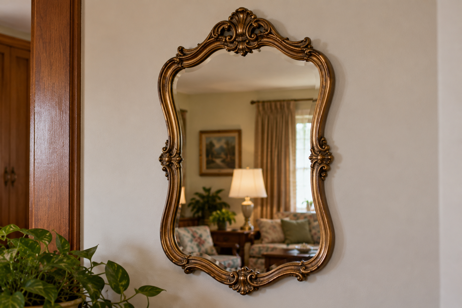 Ornate gold-framed mirror hanging on a wall, reflecting a living room interior.
