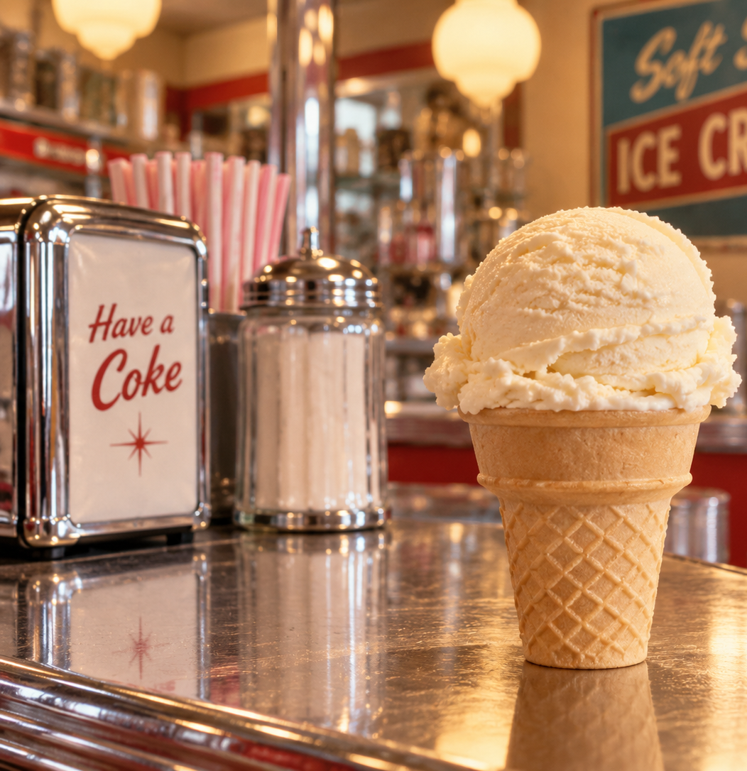 A vanilla ice cream cone sits on a shiny counter in an old-fashioned diner, with a napkin holder that says “Have a Coke,” a sugar dispenser, and pink straws visible in the background.