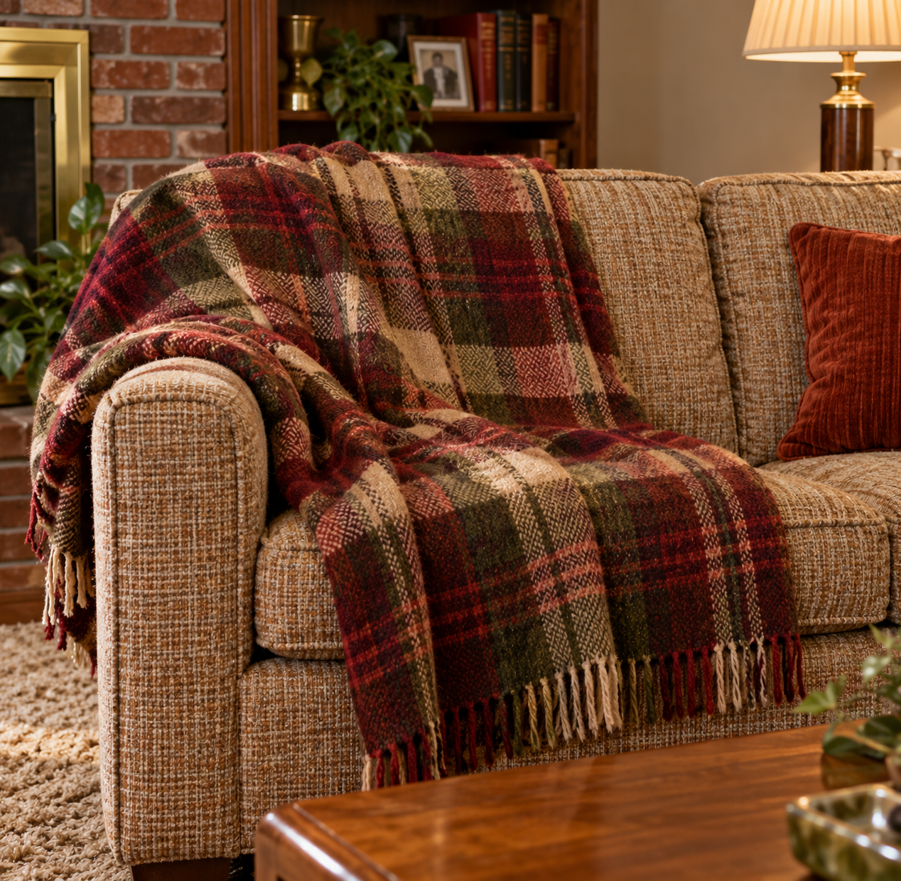 A plaid throw blanket with fringe draped over a textured sofa.