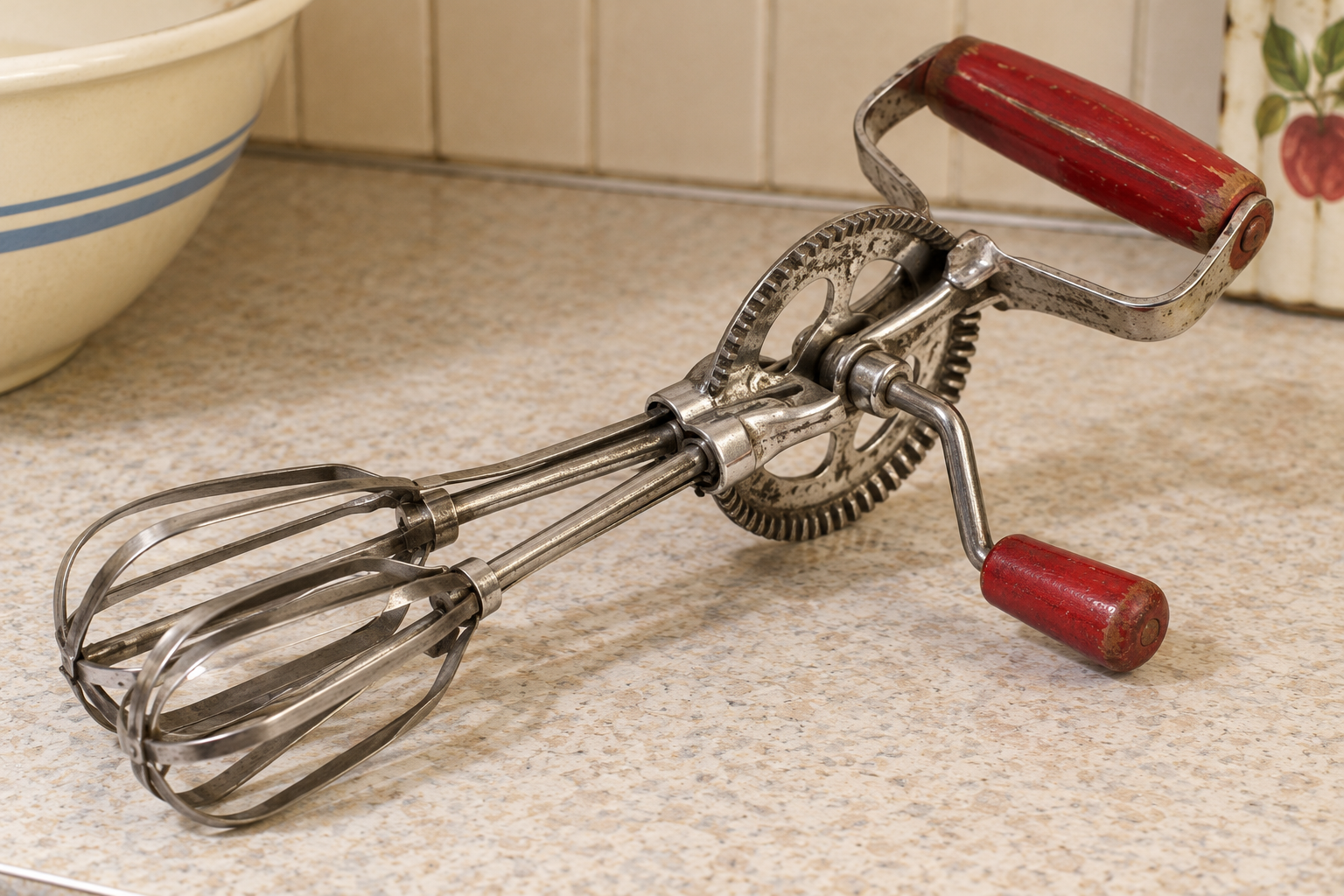 A vintage metal rotary egg beater with red wooden handles lying on a kitchen counter.