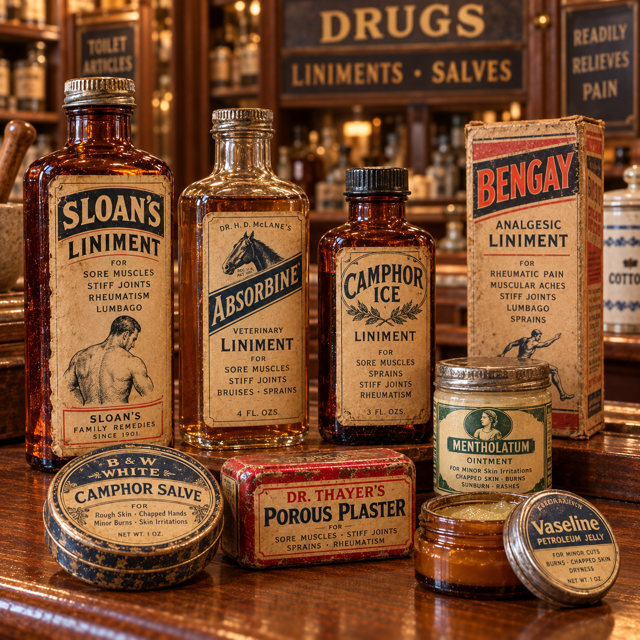 A collection of vintage apothecary products including bottles and tins of Sloan’s Liniment, Absorbine, Camphor Ice, Bengay, Mentholatum, and Vaseline displayed on a wooden shelf.