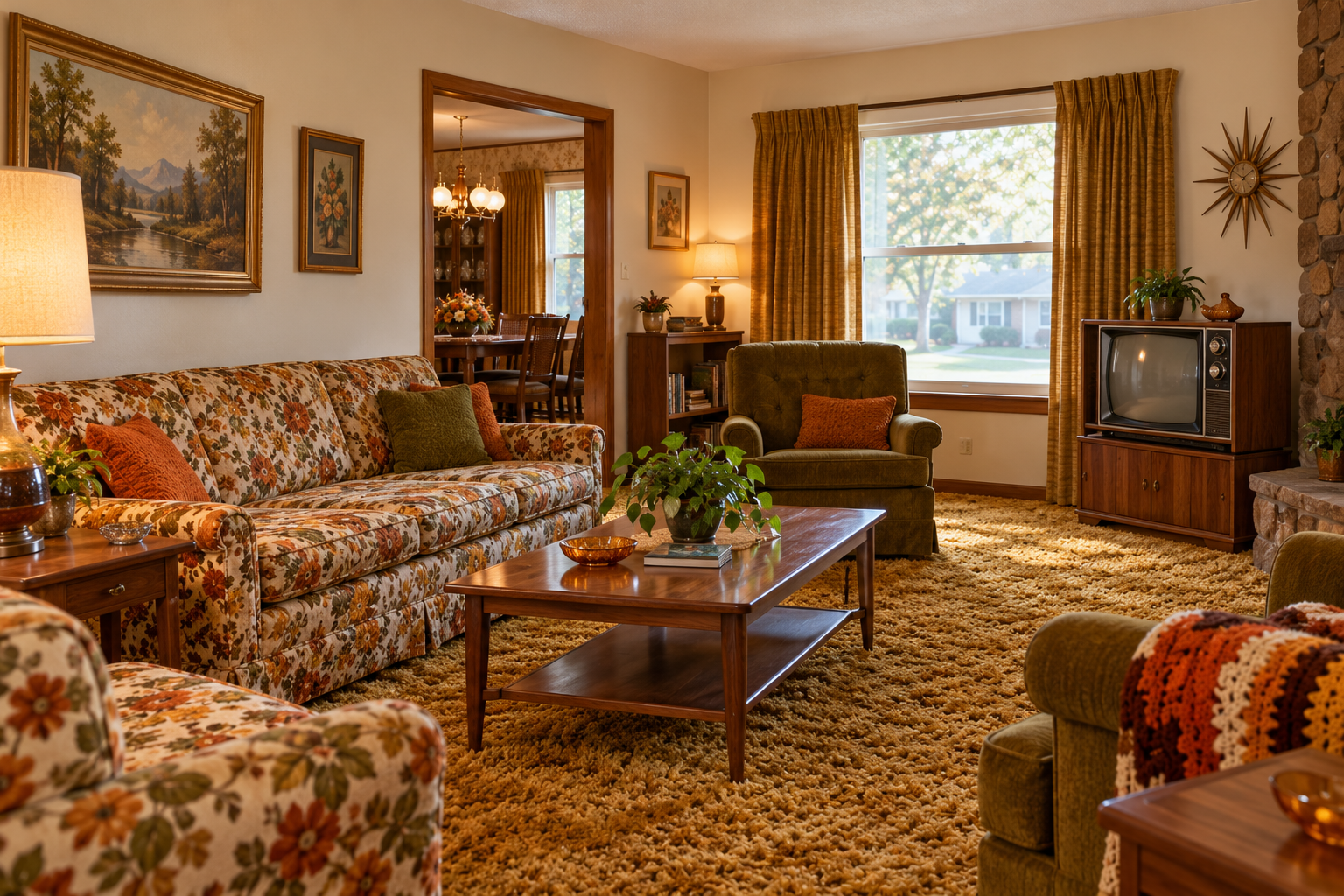 Living room with a floral sofa and matching armchair, a wooden coffee table with a plant, a green armchair, and a vintage television set on a wood stand, all set on textured gold carpeting.