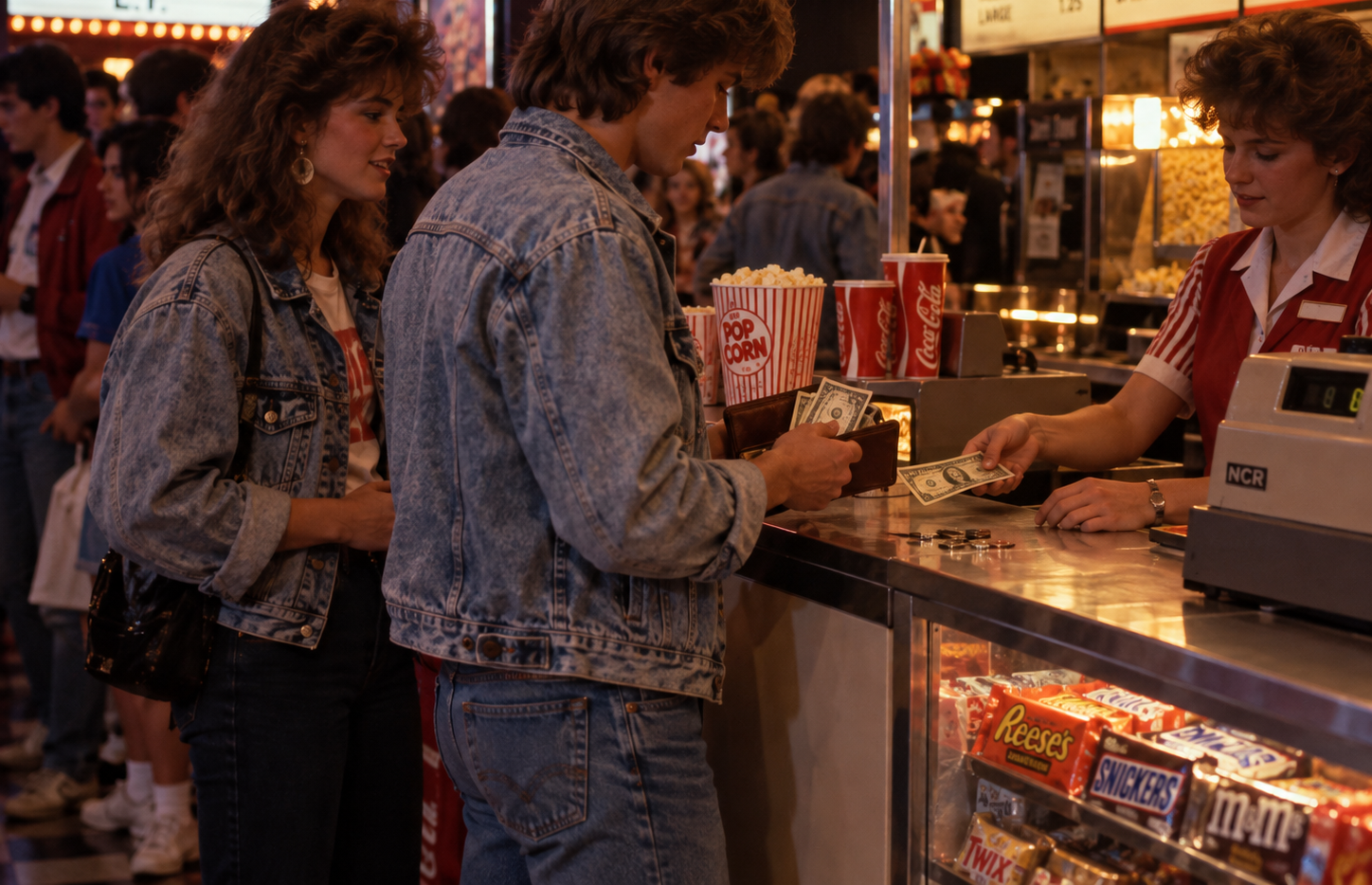 A man and woman in denim jackets at a movie theater concession stand pay a cashier for popcorn.