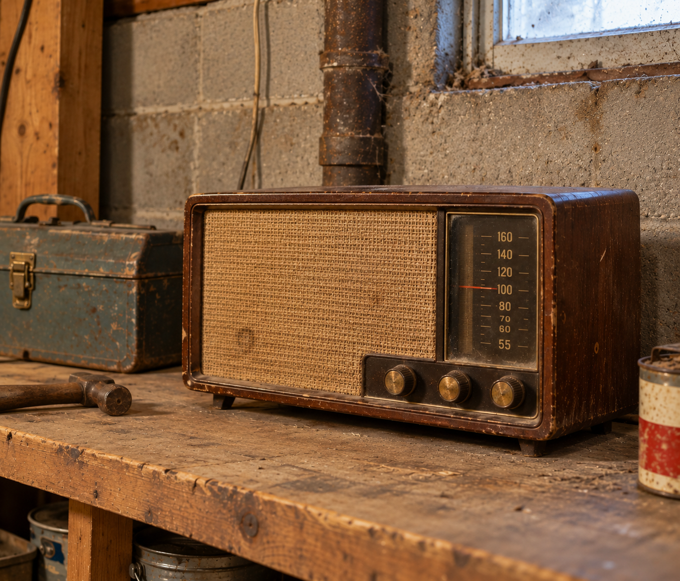 A vintage wooden tabletop radio with a fabric speaker grille and a dial set to 100 on a wooden workbench.