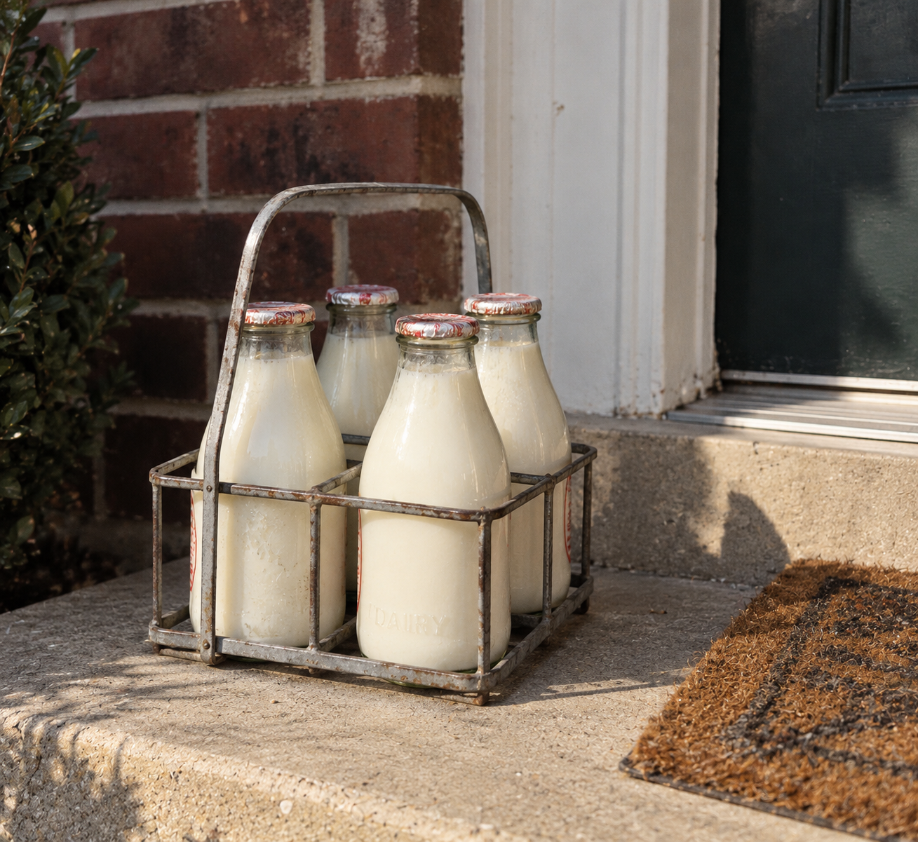 A metal carrier holding four glass bottles of milk on a doorstep.