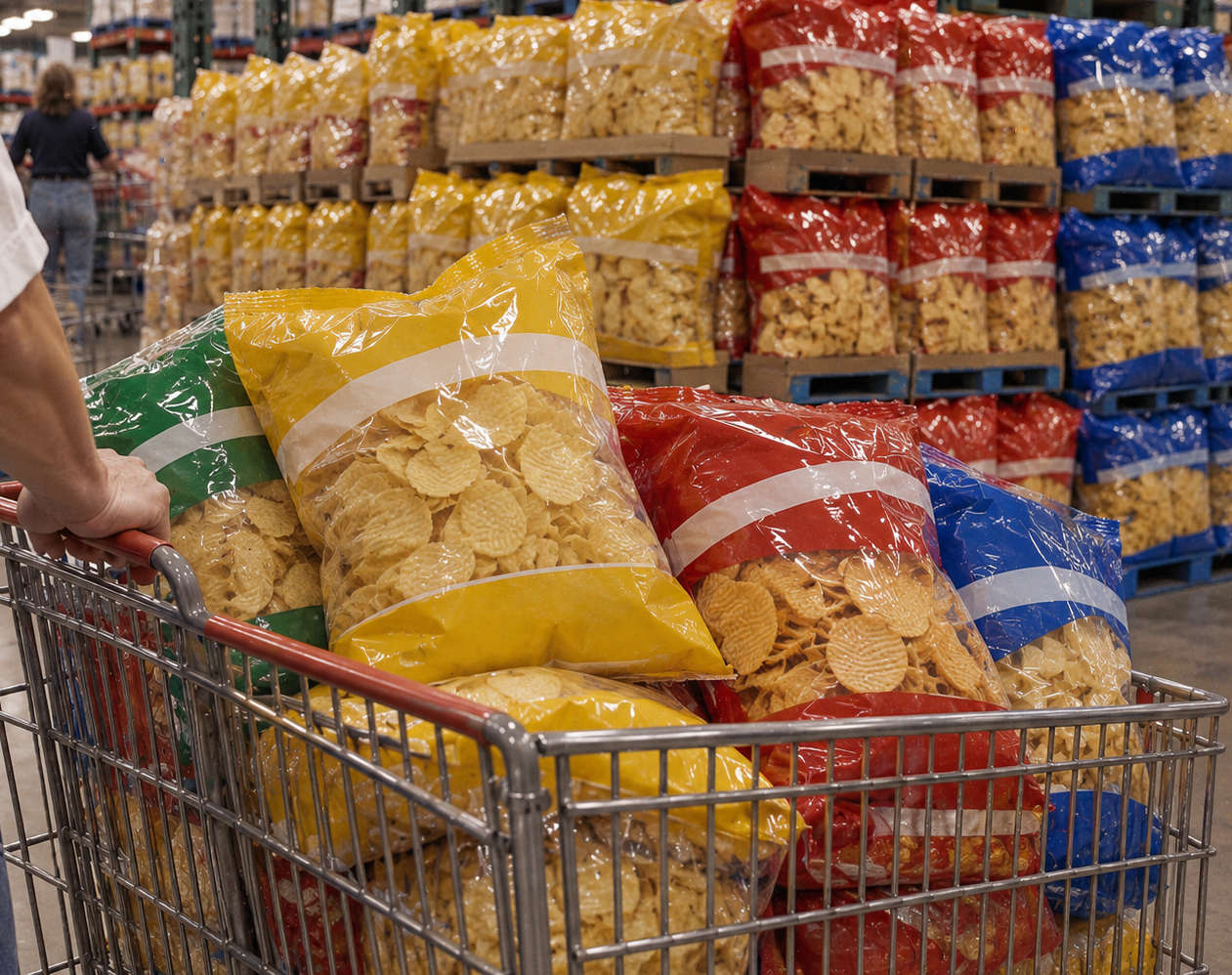 A person pushes a metal shopping cart filled with large plastic bags of ruffled snack chips in yellow, red, and blue, with rows of identical bags stacked on pallets in the background.
