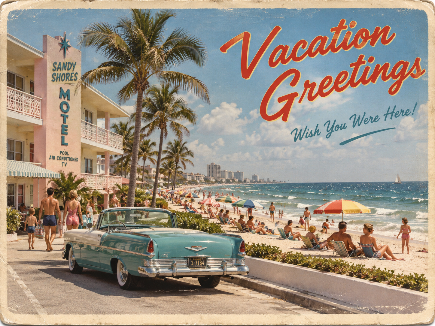 Vintage postcard of a sunny beach scene with palm trees, a turquoise classic car, Sandy Shores Motel, people relaxing on sand, colorful umbrellas, and the text “Vacation Greetings – Wish You Were Here!”