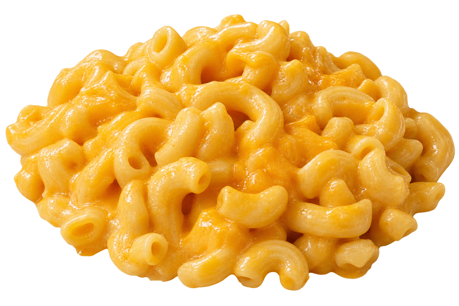 A heap of macaroni noodles coated in creamy orange cheese sauce.