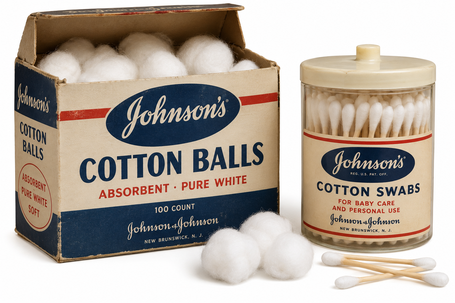 A box of Johnson’s cotton balls next to a glass jar of Johnson’s cotton swabs.