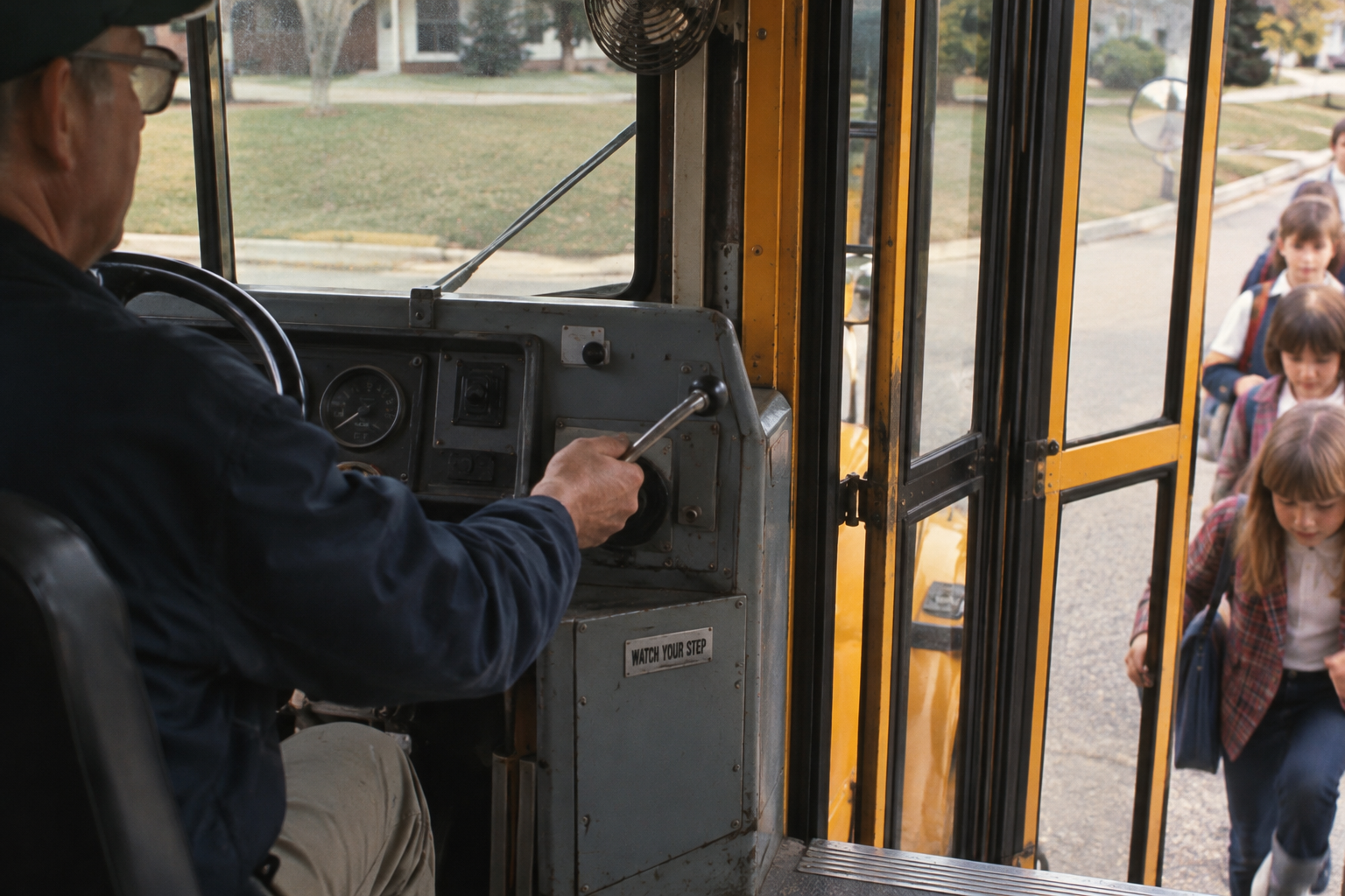 A school bus driver pulls a lever to open the bus doors as children board the vehicle.