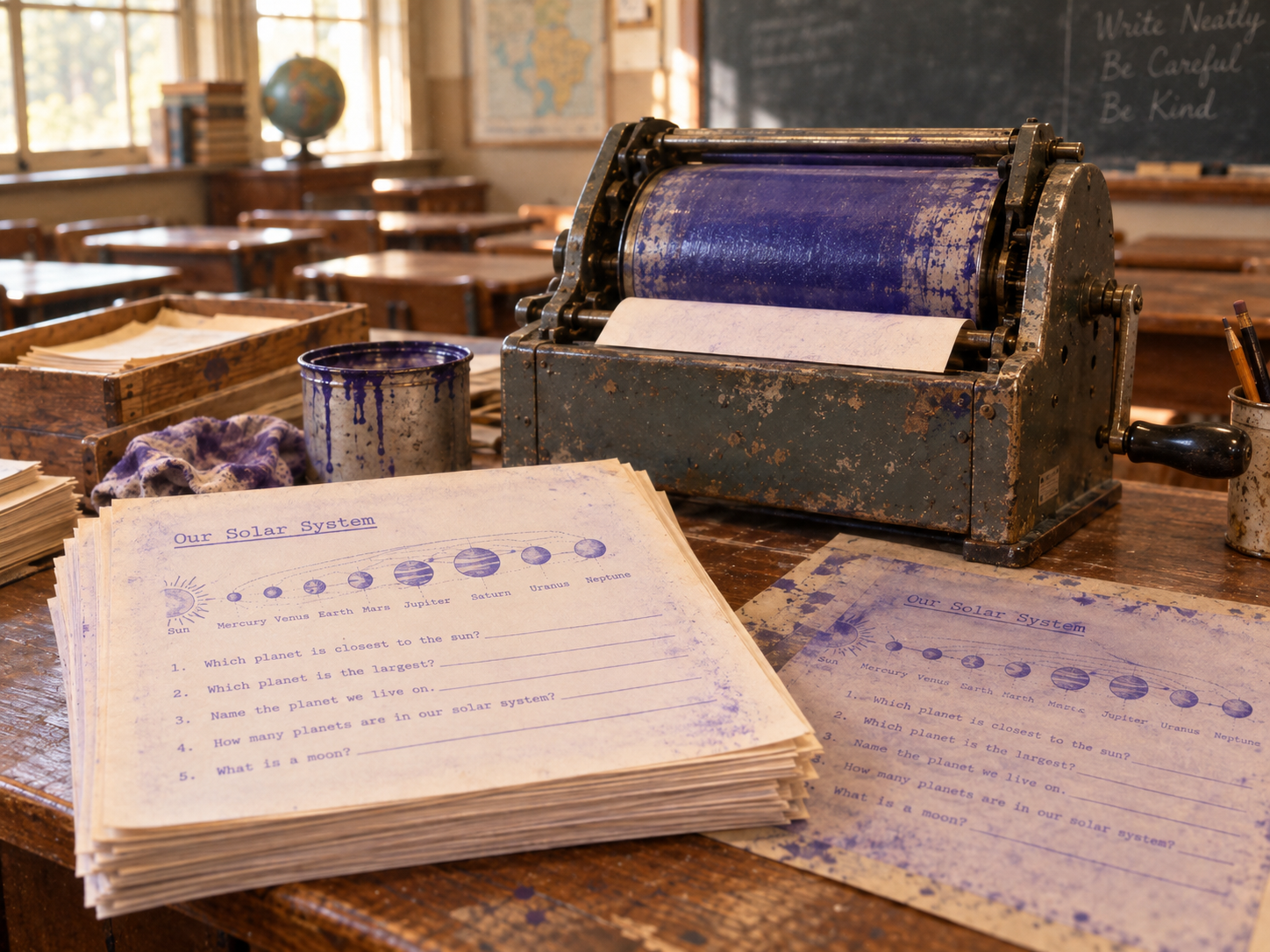 A stack of printed “Our Solar System” worksheets with astronomy questions sits on a wooden desk next to a vintage blue ink printing press.