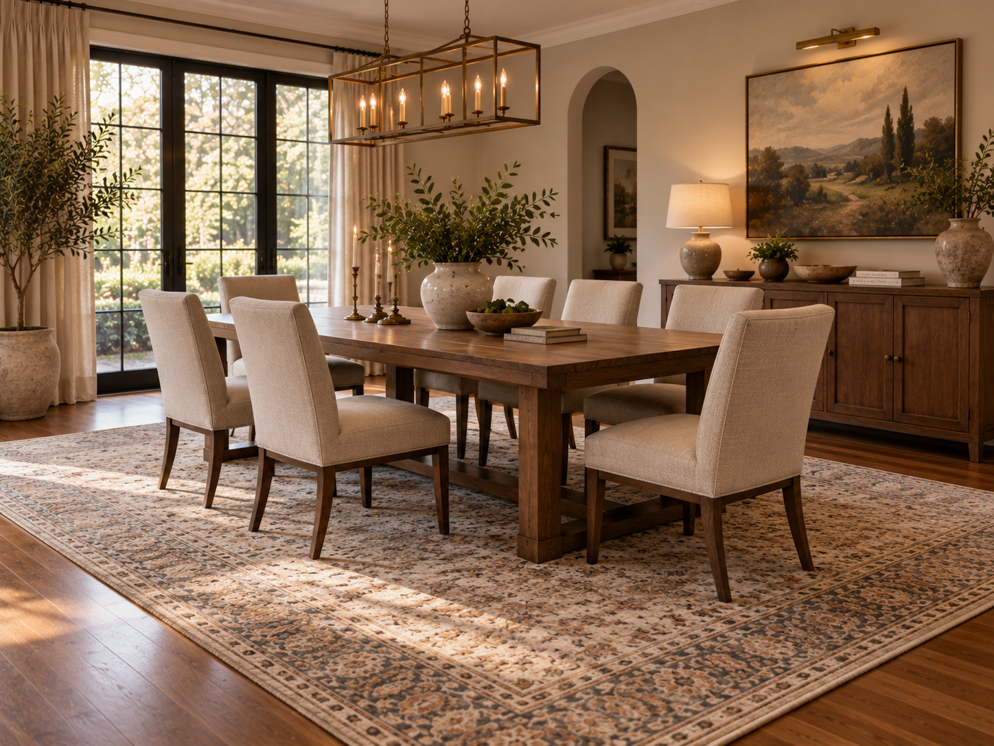 A wooden dining table with six beige upholstered chairs arranged on a patterned rug in a sunlit room.