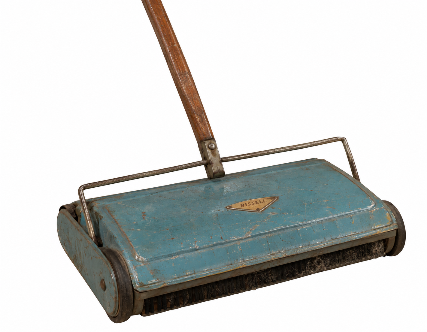 Vintage blue metal Bissell carpet sweeper with a wooden handle.