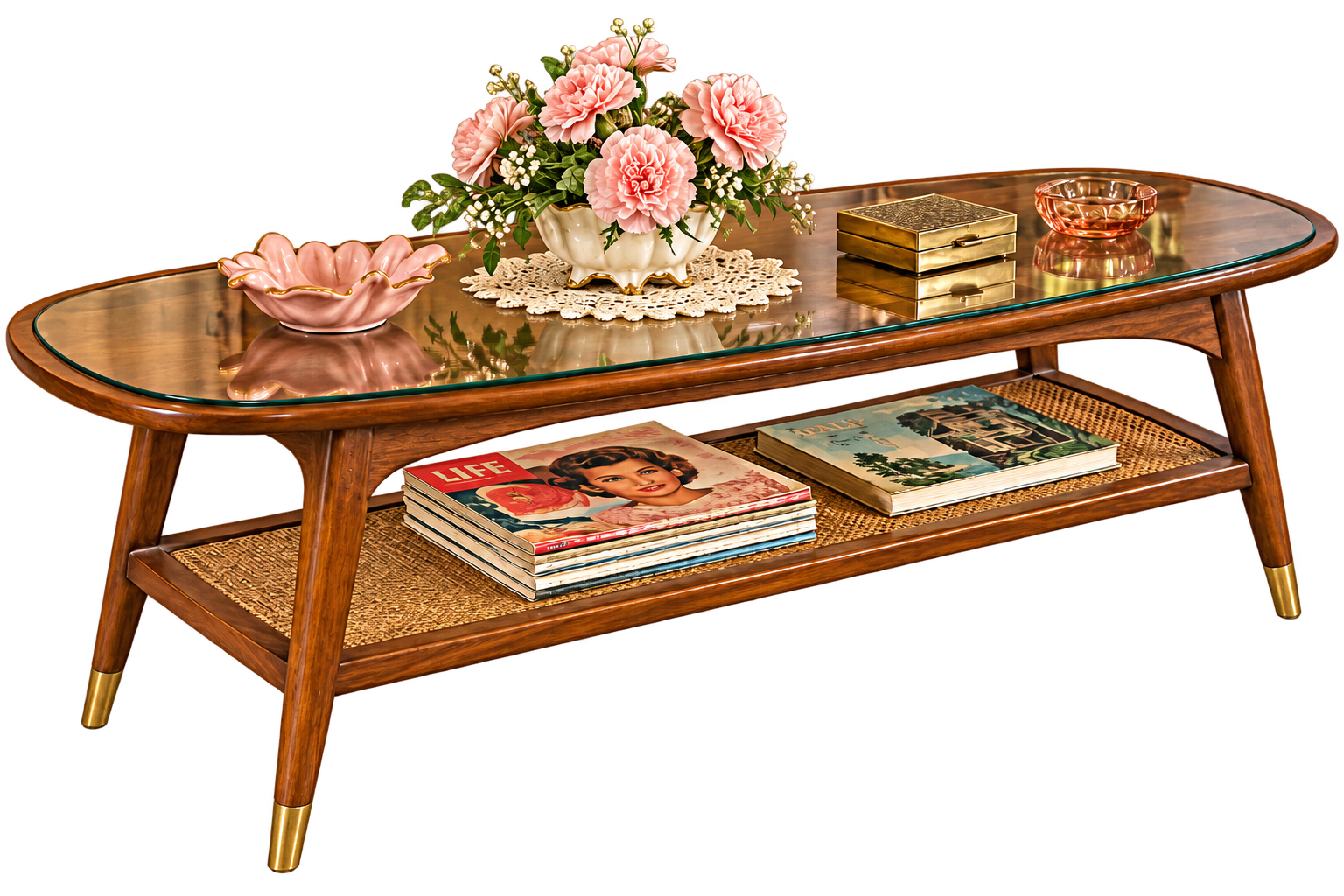 Mid-century modern coffee table with a glass top, a lower wicker shelf holding magazines, and decorative items including a vase of flowers, a bowl, and boxes.