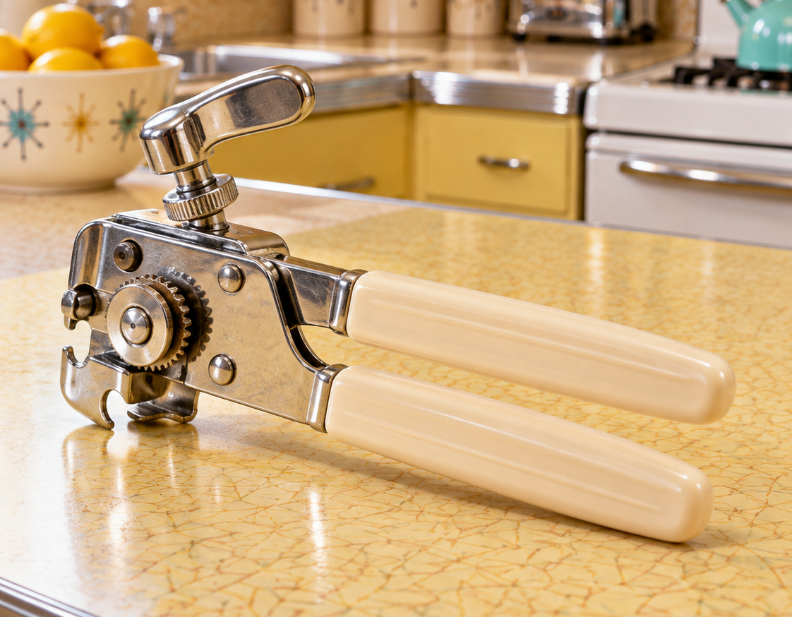 A chrome manual can opener with cream-colored handles resting on a yellow kitchen counter.