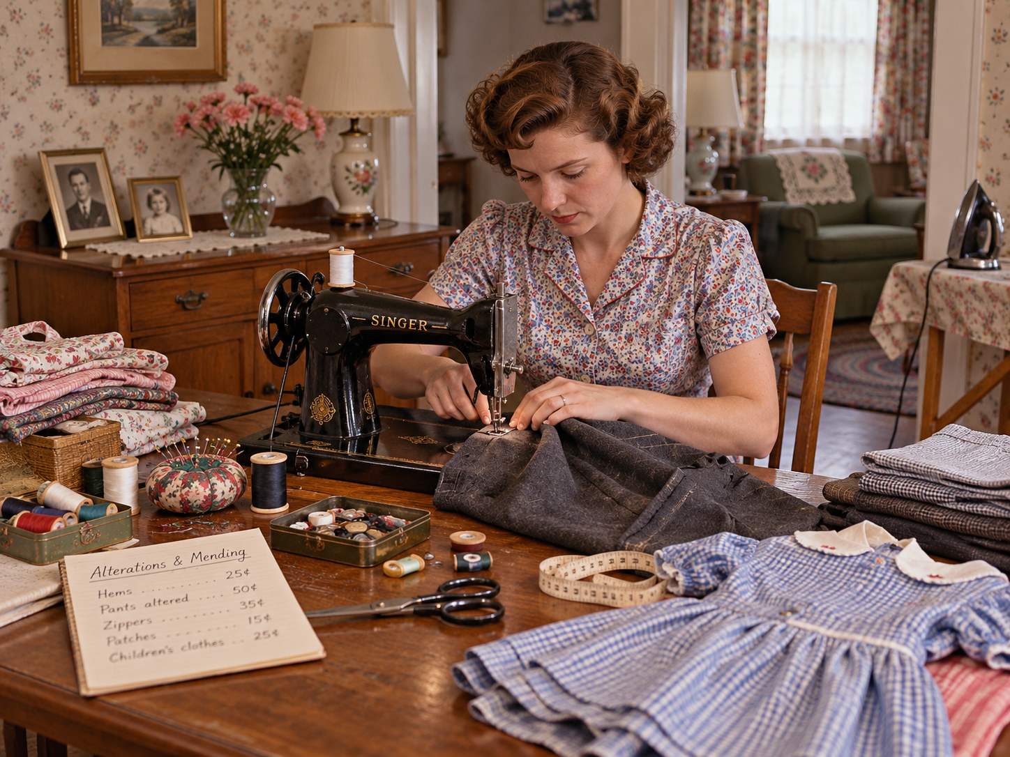 A woman uses a vintage Singer sewing machine at a wooden table covered in fabric, sewing tools, and a sign listing prices for alterations and mending.