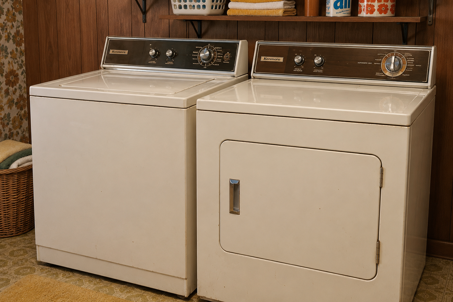 A vintage Kenmore top-loading washing machine and matching front-loading dryer placed side-by-side.