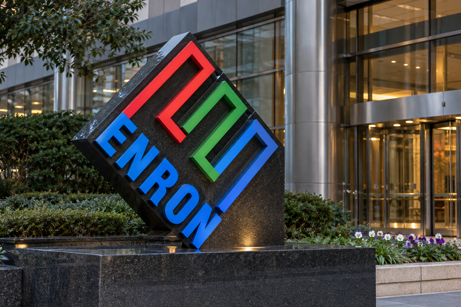 A large, slanted, black stone monument featuring the Enron logo in red, green, and blue, situated in front of a modern glass office building.