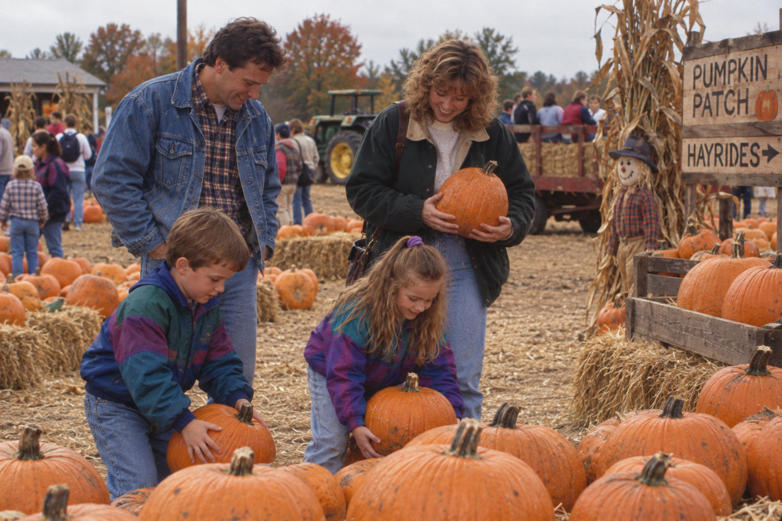 A family picks out pumpkins at a farm, with a wooden sign reading “Pumpkin Patch” and “Hayrides” in the background.