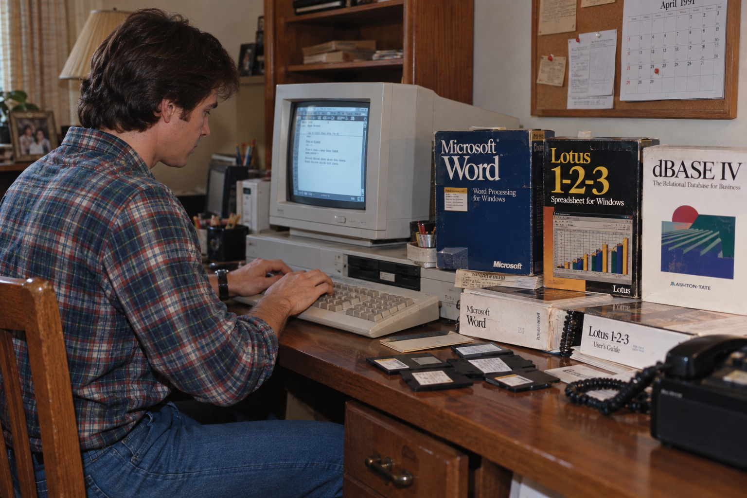 A man in a plaid shirt typing on a vintage desktop computer surrounded by software boxes for Microsoft Word, Lotus 1-2-3, and dBase IV.
