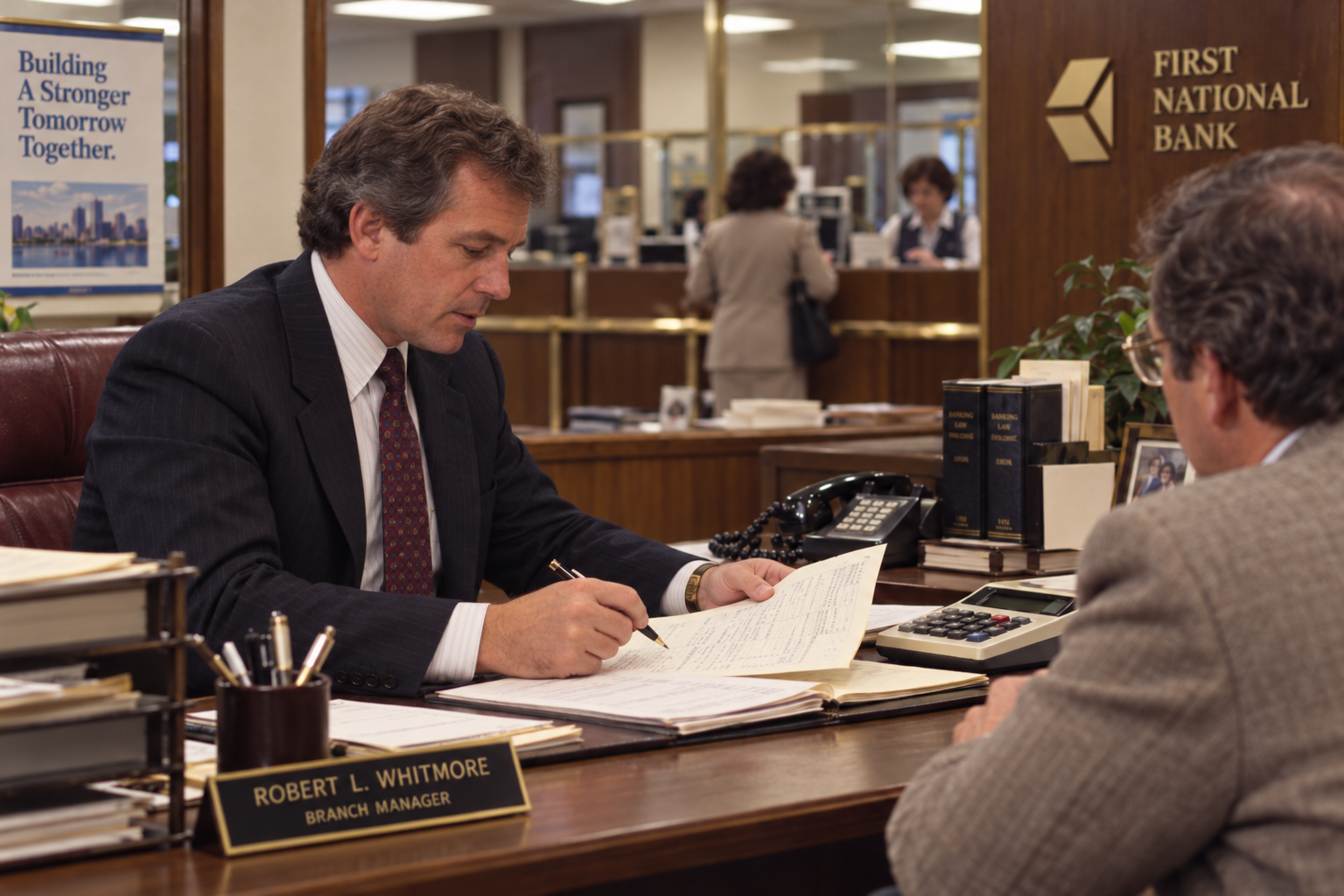 Branch manager Robert L. Whitmore reviews documents with a client at his desk in a bank lobby.