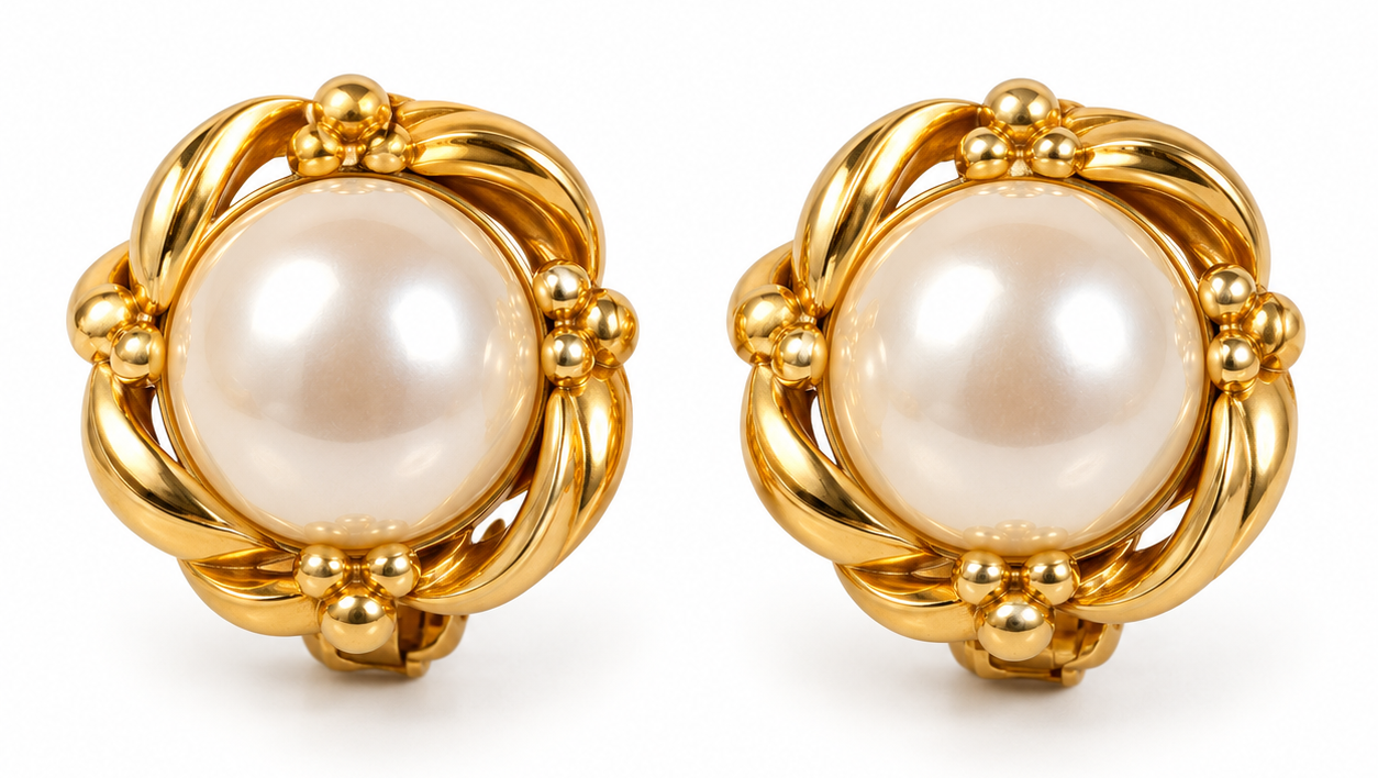 A pair of gold clip-on earrings featuring a large central pearl surrounded by a decorative twisted gold frame.