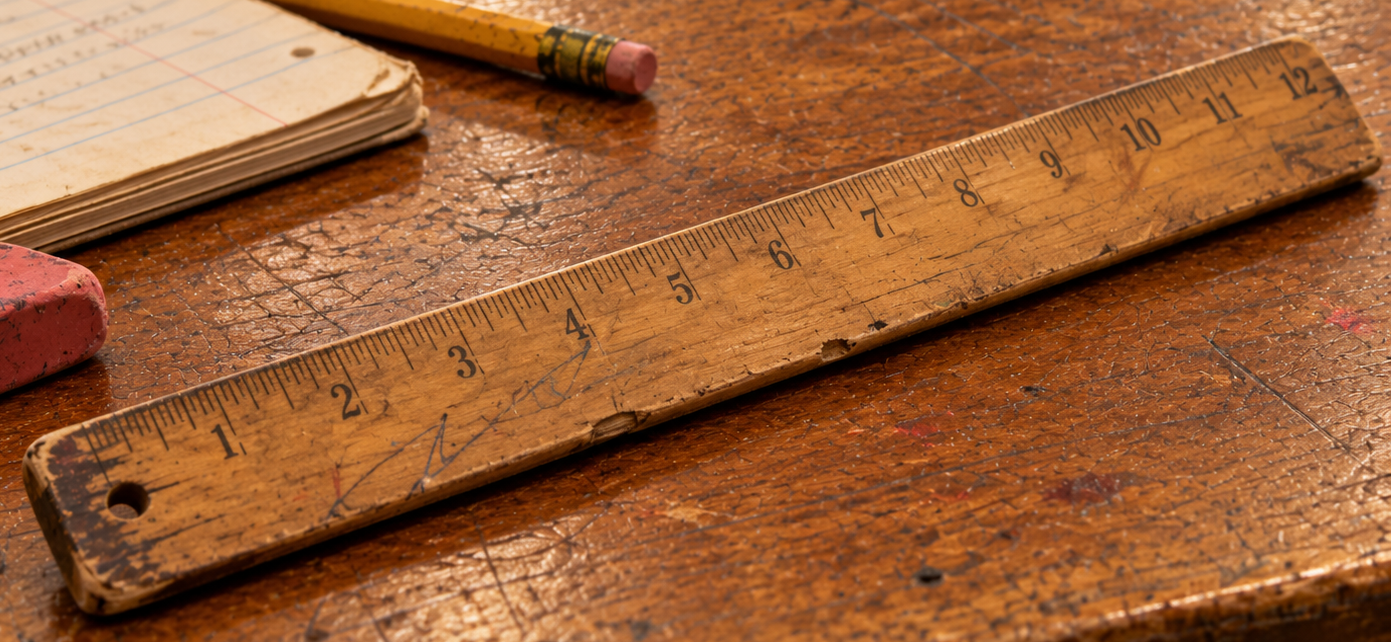 A worn wooden ruler lies on a scratched desk surface next to a pencil and a notebook.