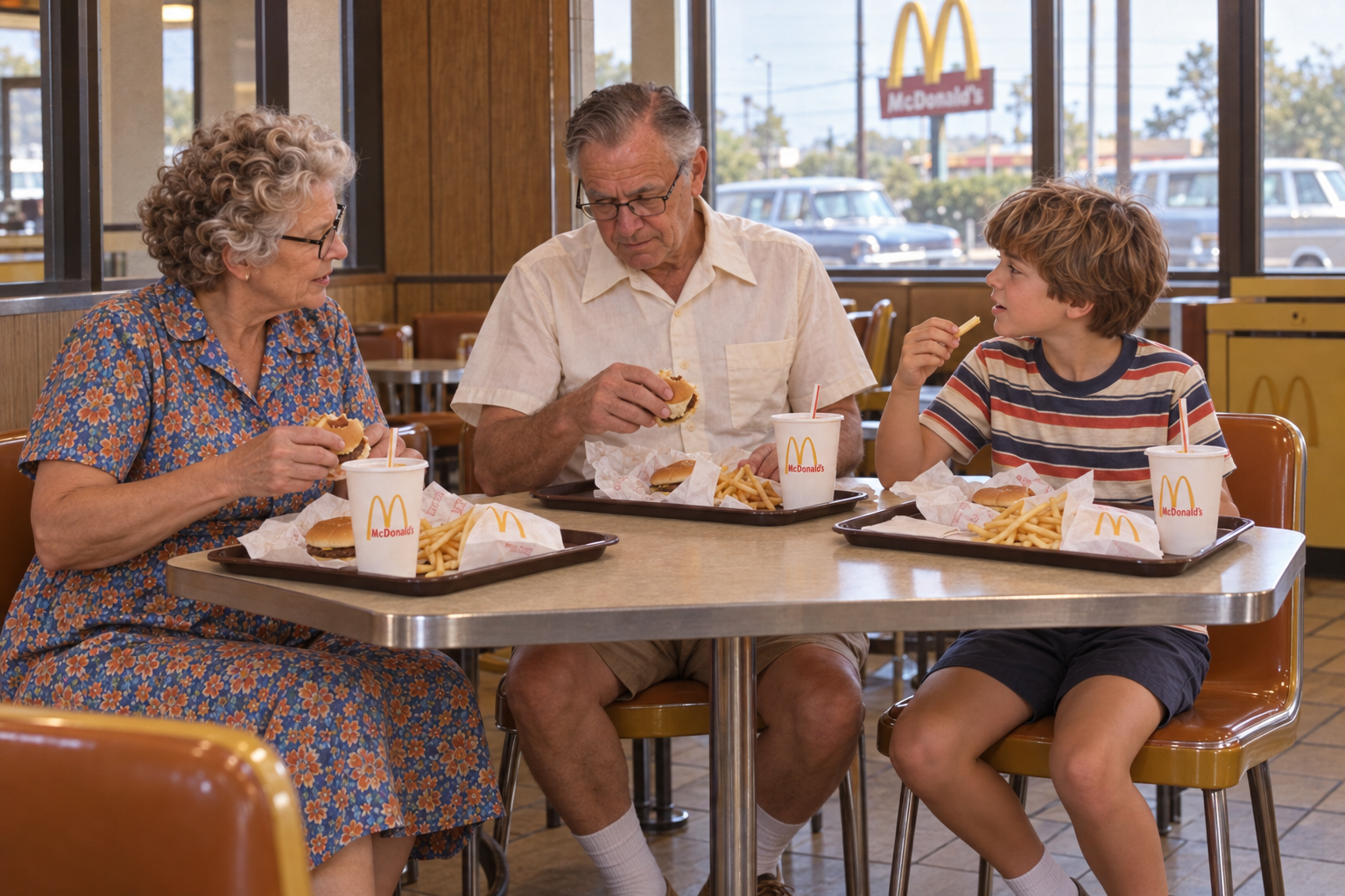An elderly woman, an elderly man, and a young boy sit at a table in a McDonald’s restaurant eating hamburgers and fries.