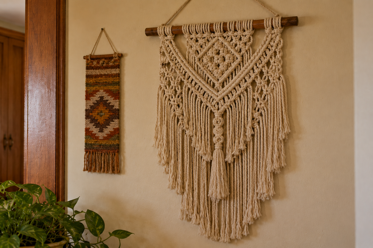 Two macramé wall hangings, one large and cream-colored and one smaller with a multi-colored geometric pattern, displayed on a wall.
