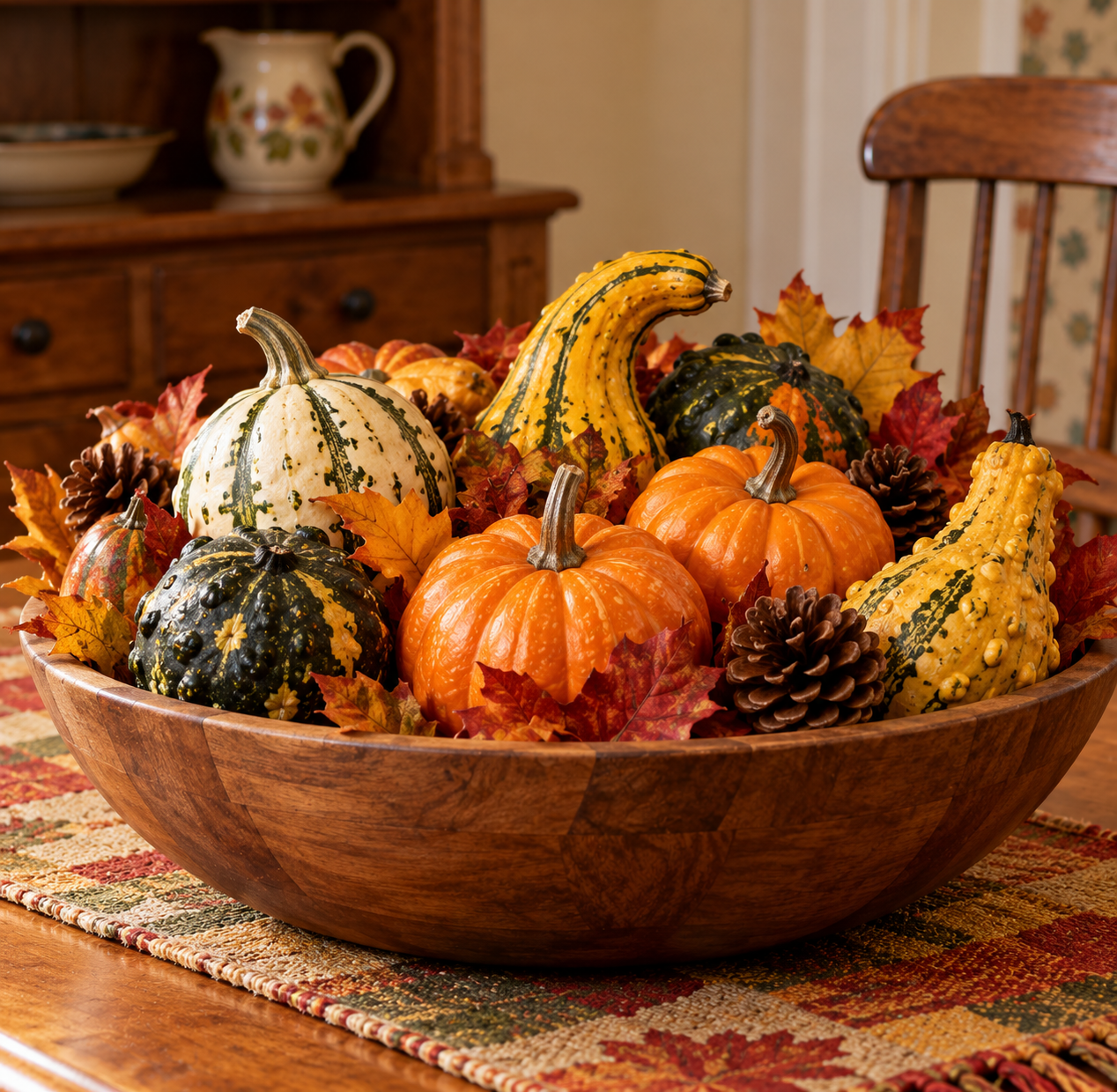 A large wooden bowl filled with various pumpkins, gourds, pinecones, and colorful autumn leaves, sitting on a patterned table runner.