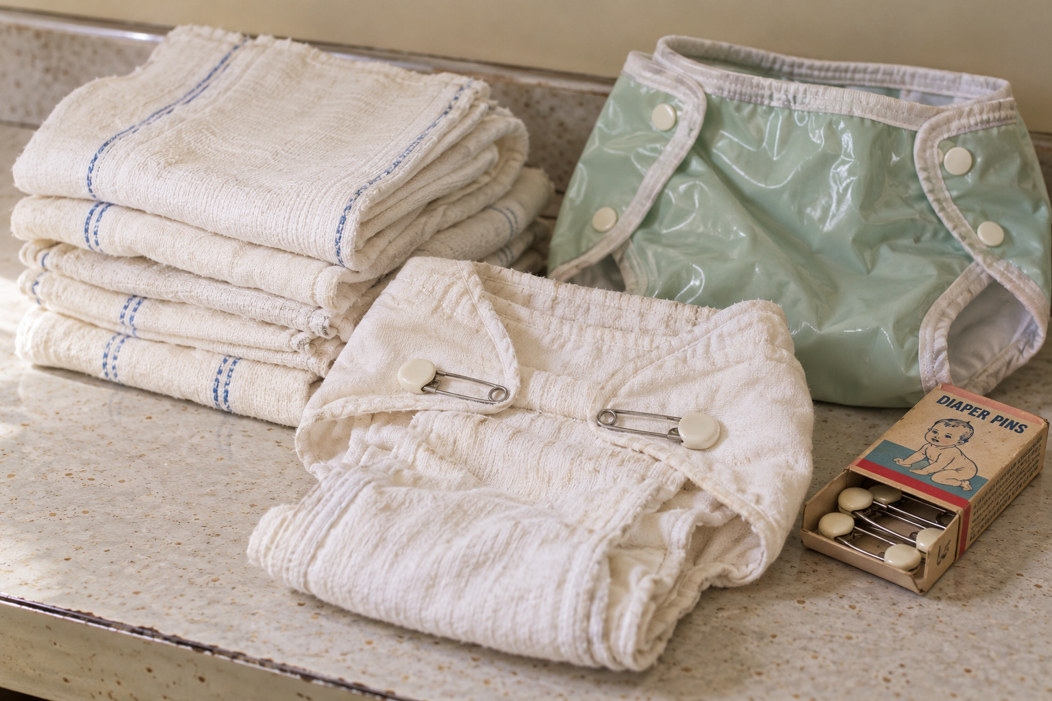 A stack of white cloth diapers with blue stripes, a single folded cloth diaper secured with safety pins, a pale green plastic diaper cover, and a box of diaper pins on a countertop.