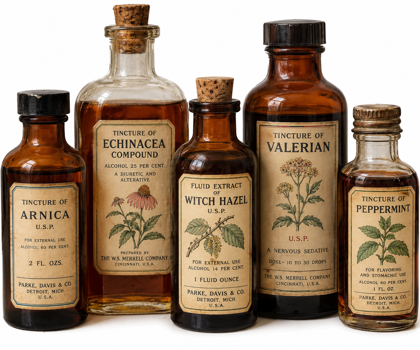 Five antique apothecary bottles labeled Tincture of Arnica, Echinacea Compound, Fluid Extract of Witch Hazel, Tincture of Valerian, and Tincture of Peppermint.