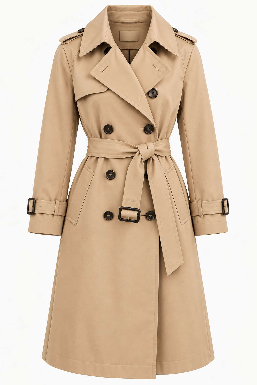 Beige double-breasted trench coat with a waist belt and buckled cuffs.